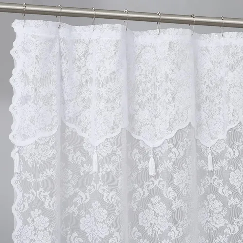 Warm Home Designs Cortina de ducha de encaje blanco con cenefa adjunta y elegantes borlas, tamaño estándar 72 x 72 pulgadas, decoración de baño de