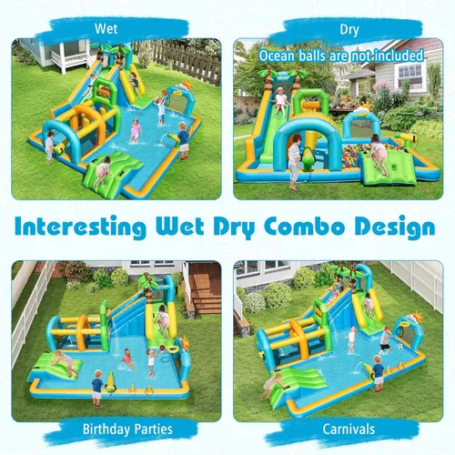 Miniatura 7 de BOUNTECH Parque inflable de tobogán acuático, castillo hinchable de tobogán acuático 9 en 1 con piscina grande, carrera de obstáculos, tobogán