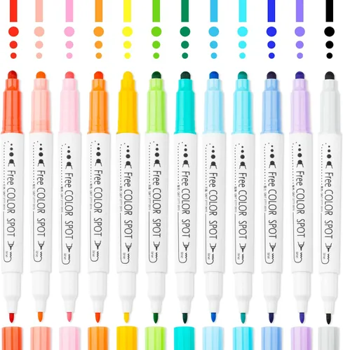 NiArt - Marcadores DOT de doble punta, 12 colores a base de agua, no tóxicos, puntas de punto fino y redondo, de 0.5 a 0.118 in, secado rápido para