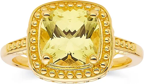 Fine Color Jewels Anillo de declaración de corte de zafiro amarillo canario cultivado en laboratorio en plata de ley chapada en oro amarillo de 18