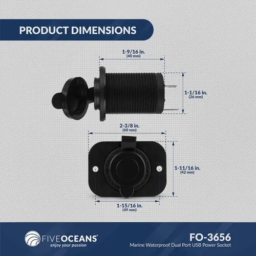 Miniatura 8 de Five Oceans Enchufe de alimentación USB de doble puerto impermeable marino, 12 voltios - 24 voltios, plástico ABS estabilizado UV, fácil