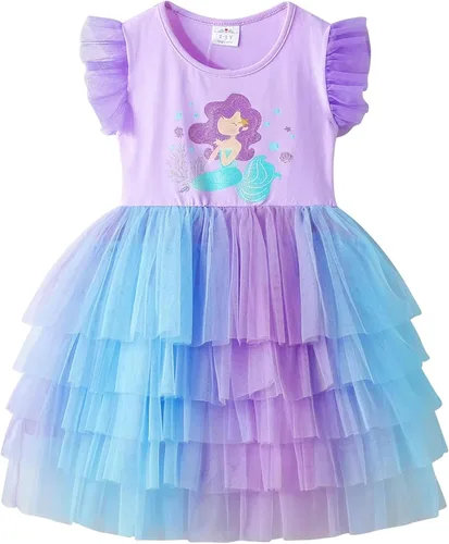 Miniatura 6 de DXTON Toddler Girls Tutu Dress: Cotton Bodice Layered Tulle Skirt, Mermaid Sparkle Birthday Party Dress for Kids 3–8 Years