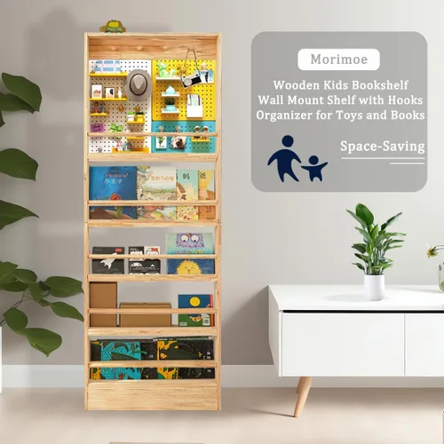 Miniatura 6 de Estantería de madera para niños, estante de montaje en pared con ganchos, organizador para juguetes y libros, ahorro de espacio con ganchos
