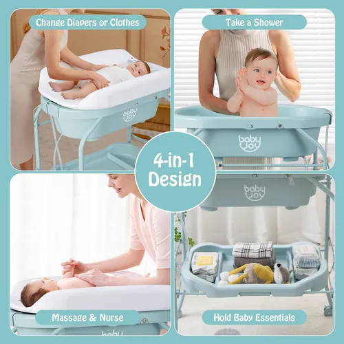 Miniatura 2 de BABY JOY Bañera para bebé con cambiador, estación plegable para cambiar pañales con bandeja de almacenamiento, almohadilla impermeable, organizador