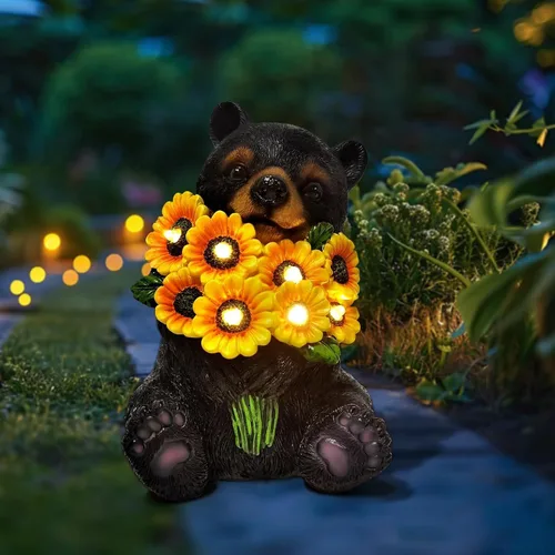 Miniatura 7 de Luces solares de jardín para exteriores, estatuas de oso negro con girasoles, decoración de escultura, regalos de madre para mujeres, hombres