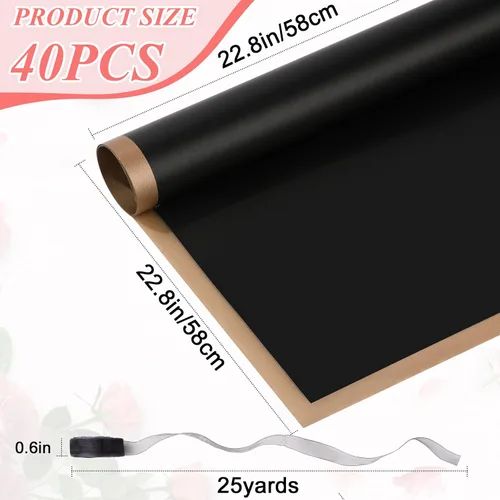Miniatura 2 de RowinsyDD 40 hojas de papel de regalo de flores negras, papel de embalaje impermeable para ramos de flores, embalaje de regalo de 22.8 x 22.8 Negro