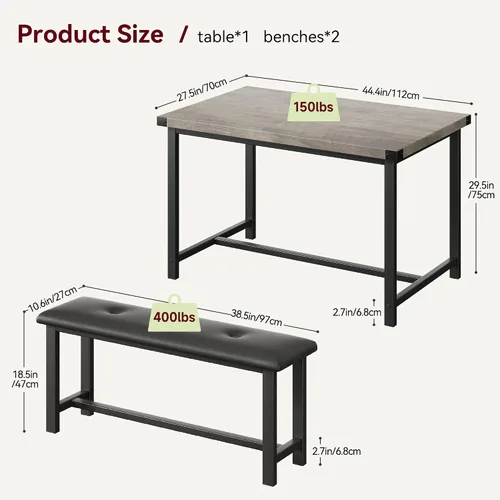 Miniatura 6 de Juego de mesa de comedor IDEALHOUSE para 4, mesa de cocina con banco tapizado, juego de mesa de comedor rectangular de 3 piezas con 2 bancos