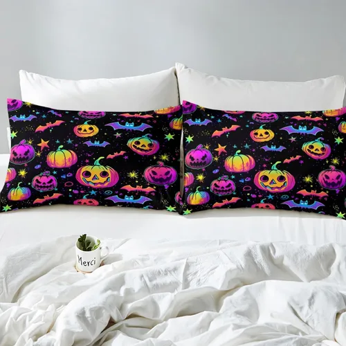 Miniatura 7 de Juego de sábanas de decoración de Halloween, tamaño individual, sábanas de calabaza arcoíris para niños y niñas con purpurina, calabaza, farol