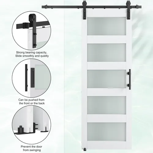 Miniatura 6 de SMARTSTANDARD Puerta de granero de vidrio de 36 x 84 pulgadas con kit de herramientas de 6.6 pies incluido, vidrio de 5 paneles, requiere montaje