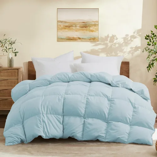 Joysoul Edredón de plumón tamaño Queen – Relleno de plumón de ganso ultra suave y fibra de plumas para todas las estaciones, relleno de edredón azul