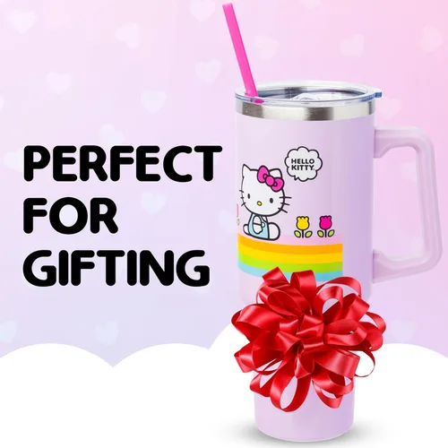 Miniatura 7 de Silver Buffalo - Vaso de acero inoxidable Sanrio Hello Kitty con flores de primavera y verano y rayas arcoíris, con asa y popote, compatible