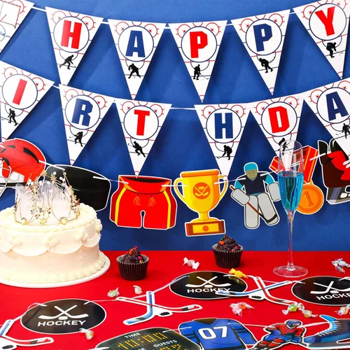 Miniatura 3 de Outus 5 pancartas de cumpleaños de hockey sobre hielo, suministros de fiesta, suministros de decoración para fanáticos del hockey para cumpleaños