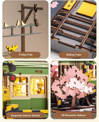 Miniatura 7 de Rompecabezas de madera 3D para adultos, Sakura Journey Tram, modelos de kits de coche para adultos, kits de manualidades de bricolaje, regalo