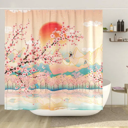Cortina de ducha japonesa de arte asiático de montaña, cortina de ducha de anime con flor de cerezo, cortina de ducha de poliéster, 72 x 72 pulgadas