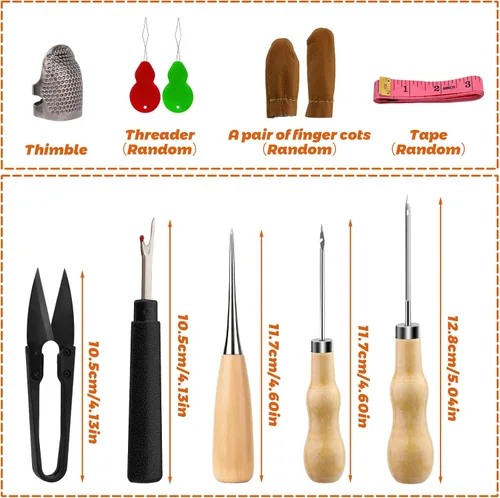 Miniatura 2 de Tikjiua Kit de costura de reparación de tapicería, 8 piezas de hilo encerado, agujas de coser de cuero, punzón de costura, dedal, kit de reparación