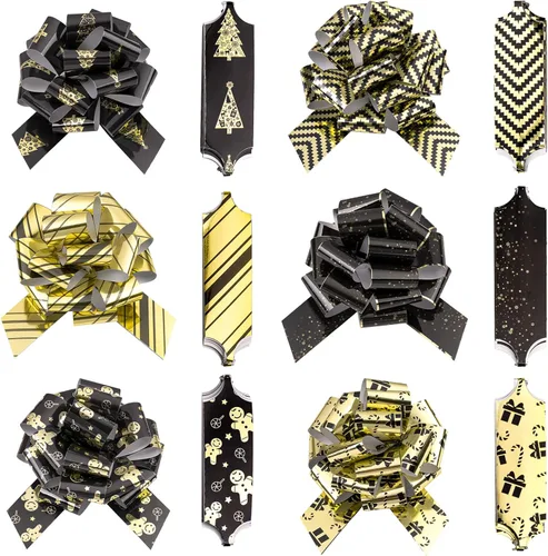 LeZakaa 12 piezas de moños navideños con cinta - Diseño de jengibre negro y dorado - Perfecto para envolver regalos, floristería, ramos, cestas
