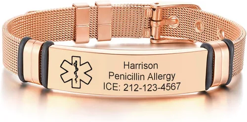 Miniatura 7 de Pulseras personalizadas de alerta médica para hombres, mujeres y niños, grabado gratuito, malla de acero inoxidable ajustable, pulsera