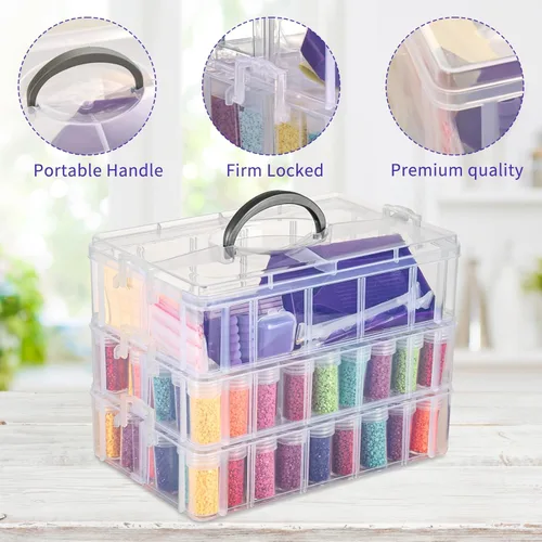 Miniatura 3 de QUEFE Contenedor de almacenamiento de pintura de diamante de 3 niveles, 100 ranuras, organizador de cuentas apilable transparente con accesorios