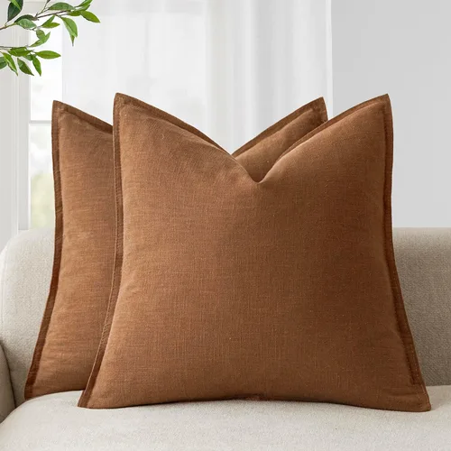 Miniatura 26 de Foindtower Paquete de 2 fundas de almohada decorativas de lino y liso, funda de cojín decorativa suave, estilo bohemio campestre para silla, sofá