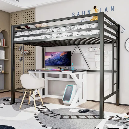 ikalido - Cama elevada de metal tamaño individual con barandilla de seguridad y escalera, no necesita somier, muebles de dormitorio que ahorran