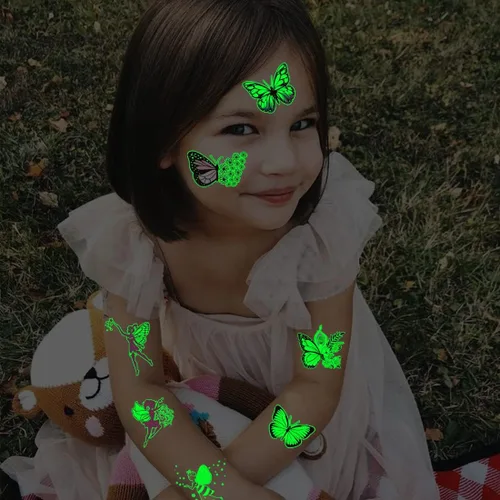 Miniatura 4 de CHARLENT Tatuajes de mariposa luminosos para niños, 14 hojas que brillan en la oscuridad, tatuajes temporales de hadas de mariposa para niñas