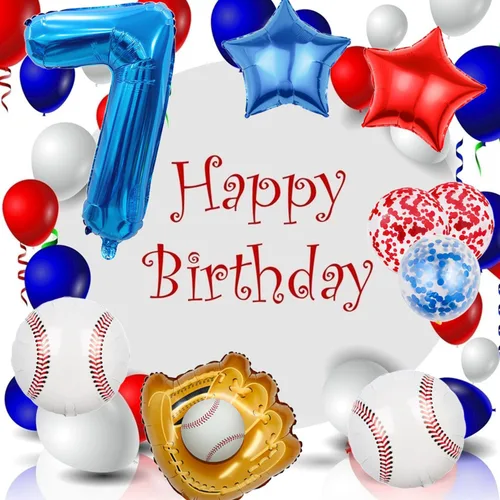 Miniatura 5 de Globos de béisbol de papel de aluminio para decoración de cumpleaños, globos con el número 7, globos de confeti de estrella roja y azul para Béisbol