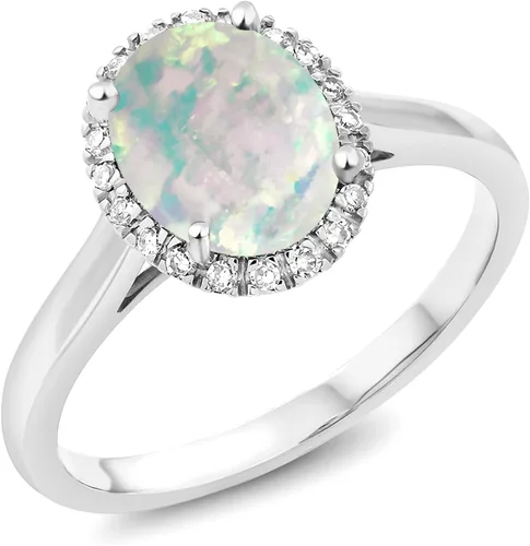 Gem Stone King 10K White Gold Oval Gemstone Birthstone and Diamond Halo Engagement Ring | Oval 9X7MM | Wedding Anniversary Promise Gold Ring For