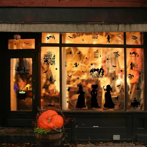 Miniatura 5 de Decoraciones de Hocus Pocus, calcomanías de ventana de Halloween, 9 hojas, 91 calcomanías de Hocus Pocus, calcomanías de silueta de ventana