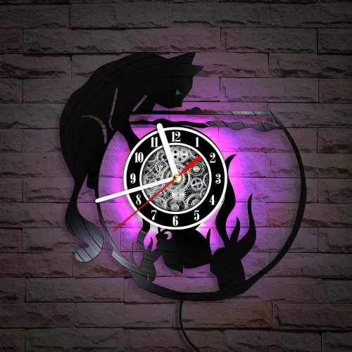 Miniatura 2 de The Geeky Days Reloj de pared con iluminación LED de gato negro con pecera, lámpara de noche para guardería, habitación de niños, gatito juguetón