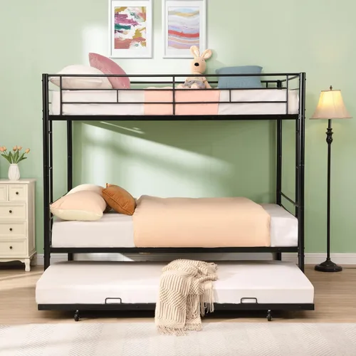 Miniatura 7 de Litera de metal, marco de metal resistente, 2 escaleras y barandilla de longitud completa, sin ruido para dormitorio pequeño, fácil de montar