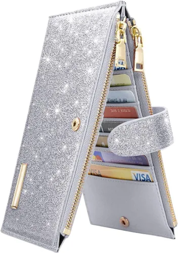 Miniatura 22 de Billetera de mujer con bloqueo RFID de gran capacidad, organizador multitarjetas, billetera plegable para mujer con bolsillo con cremallera