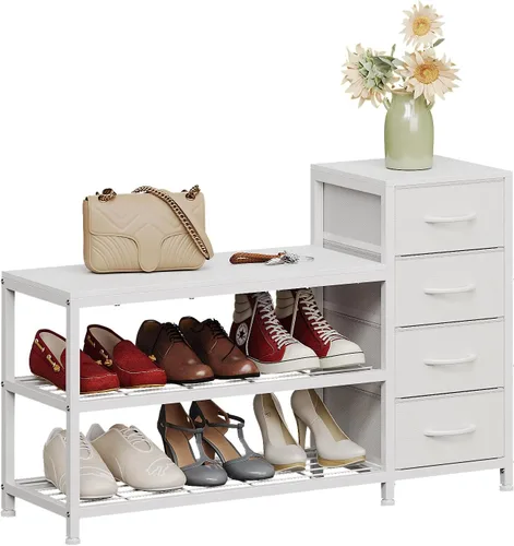 Miniatura 6 de EXOTICA Banco de almacenamiento para zapatos de 3 niveles, blanco, estante para zapatos de entrada con 4 cajones y asiento, estante