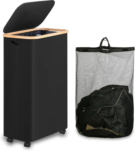 Miniatura 13 de iEGrow Cesta de lavandería delgada de 65L, cesta de lavandería estrecha con tapa, cesta de ropa plegable con asas de bambú, cesta de lavandería