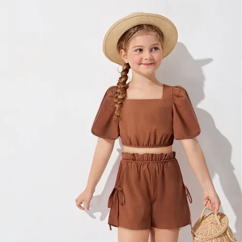Miniatura 4 de BAVADER Conjunto de ropa para niña, 2 piezas, con cuello cuadrado, manga abombada, pantalones cortos con bolsillo con cordón para verano