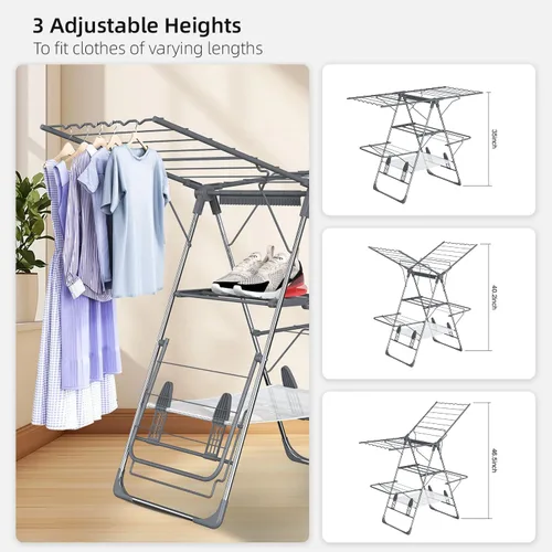 Miniatura 5 de Tendedero de Ropa Plegable de 2 Niveles para Secar Ropa, Tendedero de Acero Inoxidable Plegable para Interiores y Exteriores, con Alas de Altura