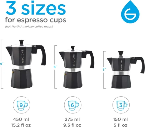 Miniatura 3 de GROSCHE Milano Cafetera Moka para Preparar Espresso en la Estufa, 9 Tazas de Café, 15.2 oz, Negro. Cafetera Cubana para Preparar Café en la Estufa