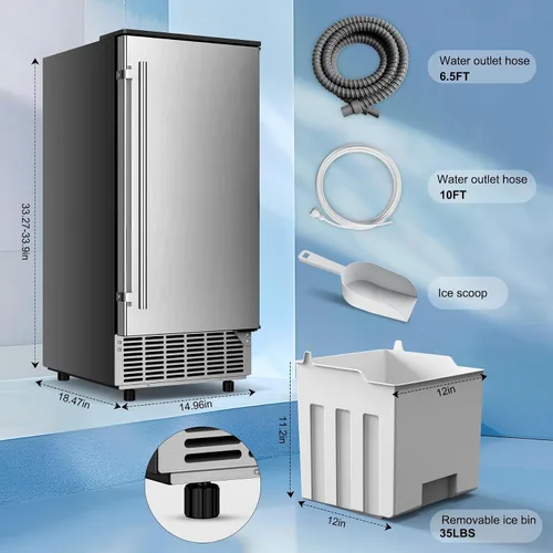 Miniatura 5 de Máquina de hielo integrada, 95 libras/día con contenedor de almacenamiento de 35 libras, 40 cubos en 10 minutos, puerta reversible, máquina de hielo