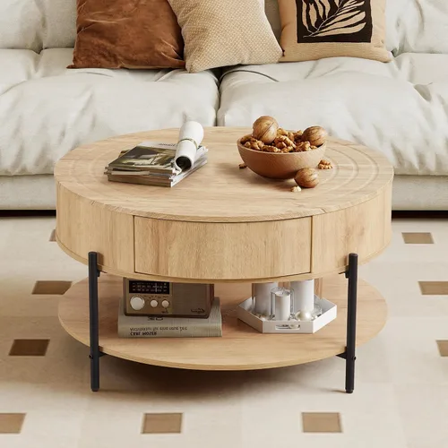 XUZENEST Mesa auxiliar redonda, mesa auxiliar circular para sala de estar, escritorio de madera rústica de 2 niveles con estante de almacenamiento,
