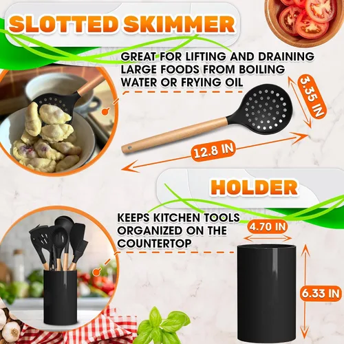 Miniatura 5 de Juego de 14 utensilios de cocina de silicona negra con soporte, utensilios de cocina versátiles con asas de madera resistentes, juego de utensilios