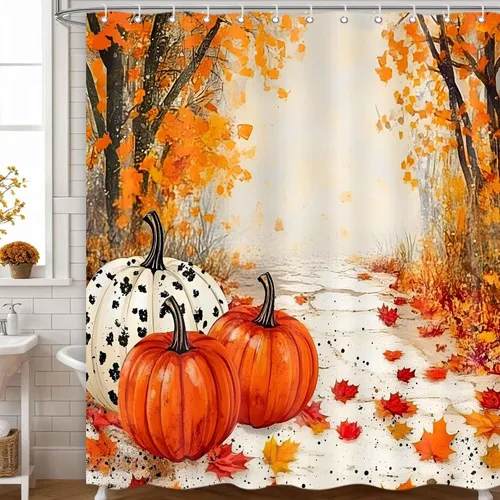 Miniatura 8 de Cortina de ducha de pavo de Acción de Gracias, acuarela, calabaza, hojas de otoño, cosecha, juego de cortinas de baño, tela lavable a máquina, 72 x