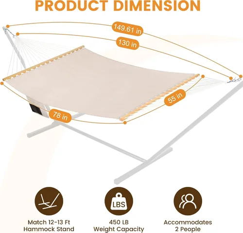 Miniatura 7 de Lazy Daze Hammocks Hamaca doble exterior de 11 pies, hamaca de tela de olefina de secado rápido con barra separadora y bolsillo lateral para piscina