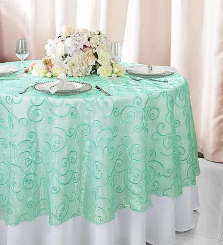 Miniatura 11 de Manteles de organza bordados redondos de 90 pulgadas, manteles de organza para bodas, fiestas, banquetes, eventos, color verde manzana