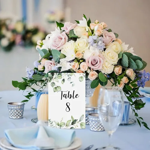 Miniatura 6 de Zonon 26 Piezas Tarjetas de Números de Mesa de Boda 1-25 con Números de Mesa Principal Tarjetas de Doble Cara de Follaje de Eucalipto Centros