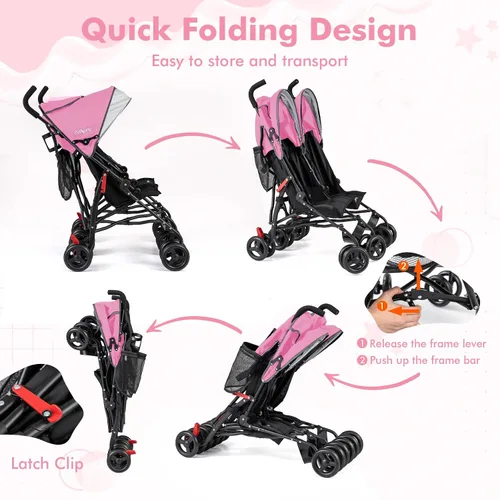 Miniatura 6 de BABY JOY Cochecito Doble con Paraguas, Cochecito de Viaje Ligero Lado a Lado para Gemelos con Gran Almacenamiento, Portavasos, Arnés de Seguridad