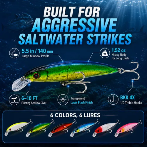 Miniatura 4 de Trolling Minnow Lure, 5.5in 1.5oz Floating Diving Hard Bait, 6-10ft ABS Laser Reflective Crankbait with BKK 4X 1/0 Treble Hooks, 1 Pack, for