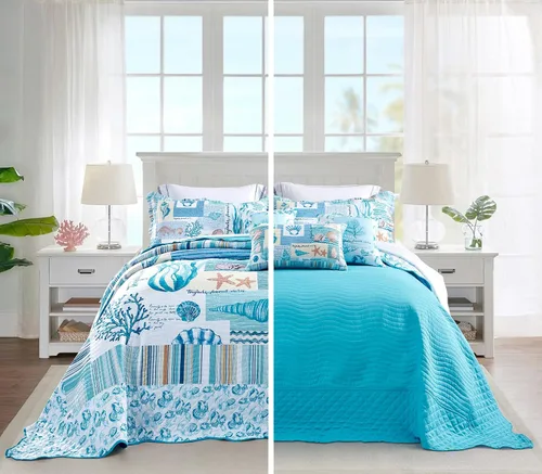Miniatura 2 de HZ & HY Colcha costera tamaño King extragrande, ropa de cama ligera para playa, colcha náutica, costuras reales, reversible, 6 piezas, 100% Coral
