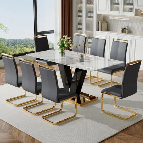 Miniatura 14 de Juego de mesa de comedor para mesa de comedor de mármol de 6,71 pulgadas, mesa de cocina moderna con 6 sillas de piel sintética, juego de mesa