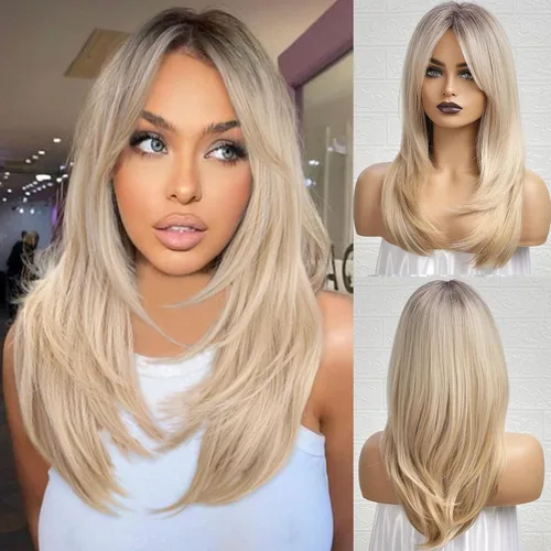 HAIRCUBE Pelucas rubias degradadas con flequillo, longitud al hombro, peluca rubia ceniza para mujer, pelucas en capas, raíces oscuras, pelucas