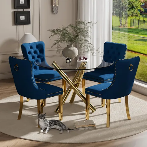 Miniatura 9 de Juego pequeño de mesa redonda con tapa de vidrio transparente para 2, 36'' Juego moderno de lujo para cenas circulares, 3 piezas Juego minimalista