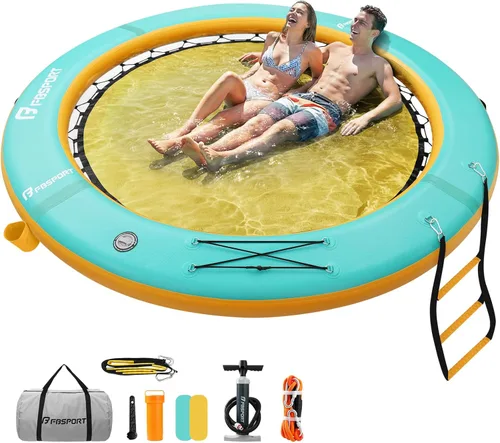 Miniatura 14 de FBSPORT Hamaca inflable de agua redonda flotante, 10/8/6 pies, plataforma flotante para lago con portavasos, flotador solar, balsa fría, anillo